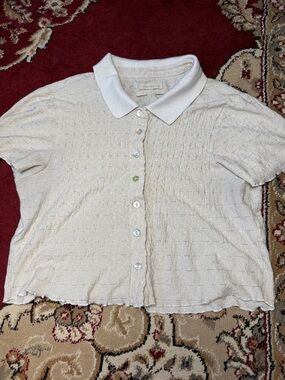 Short Sleeve Cream Button-Up Knit Top